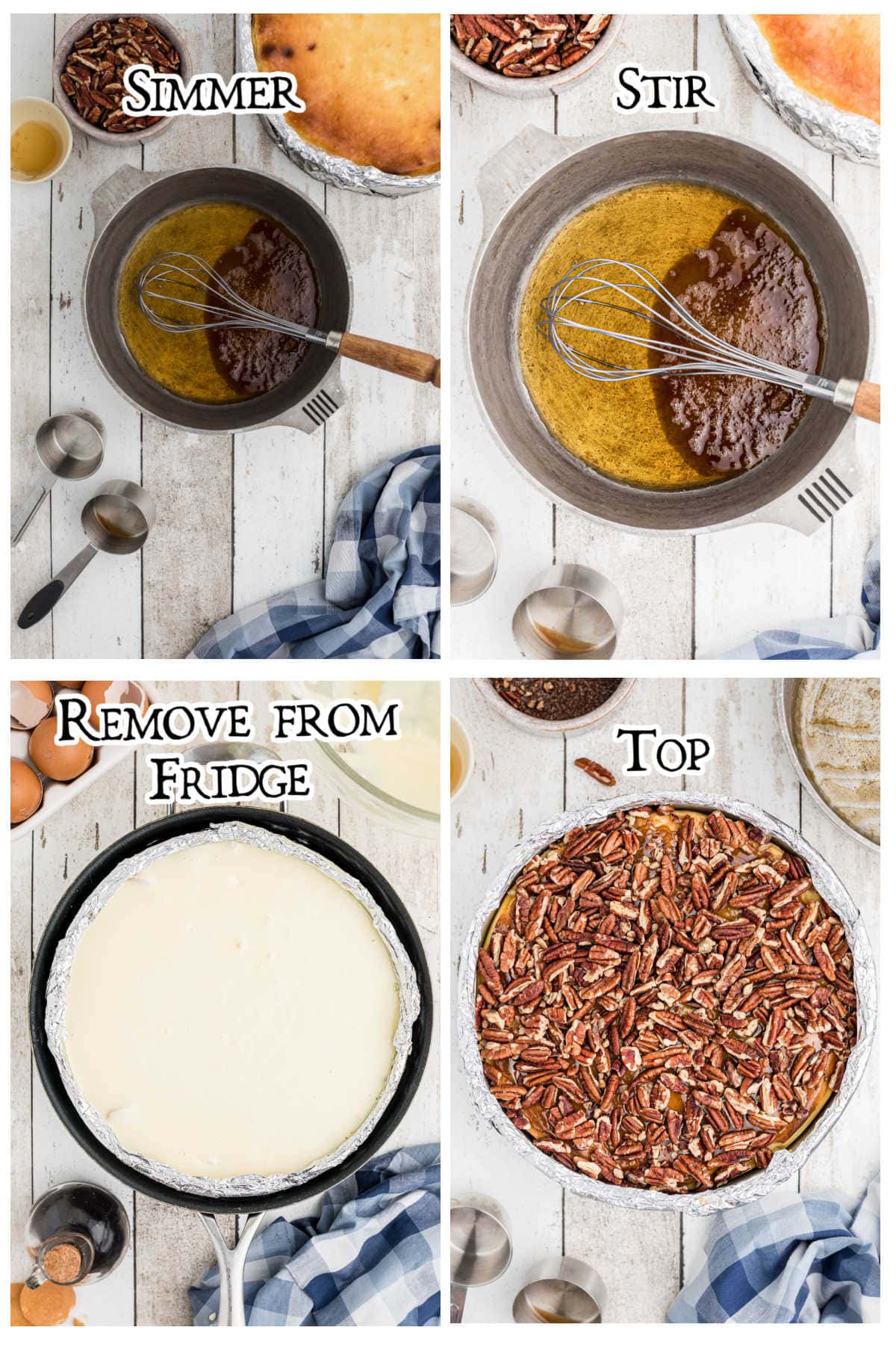 Step by step images showing how to make the topping for this cheesecake.