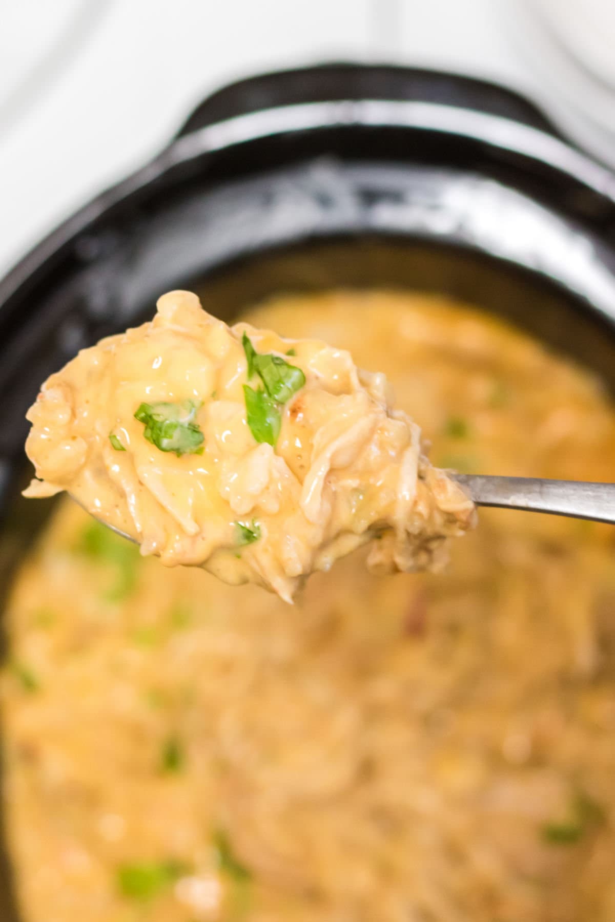 A ladleful of the chicken and rice being removed from the crockpot.