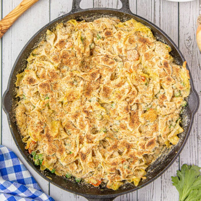 Overhead view of chicken and noodles for feature image.