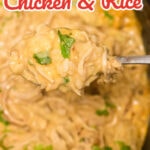 A scoop of chicken and rice being removed from the crockpot with text overlay for Pinterest.