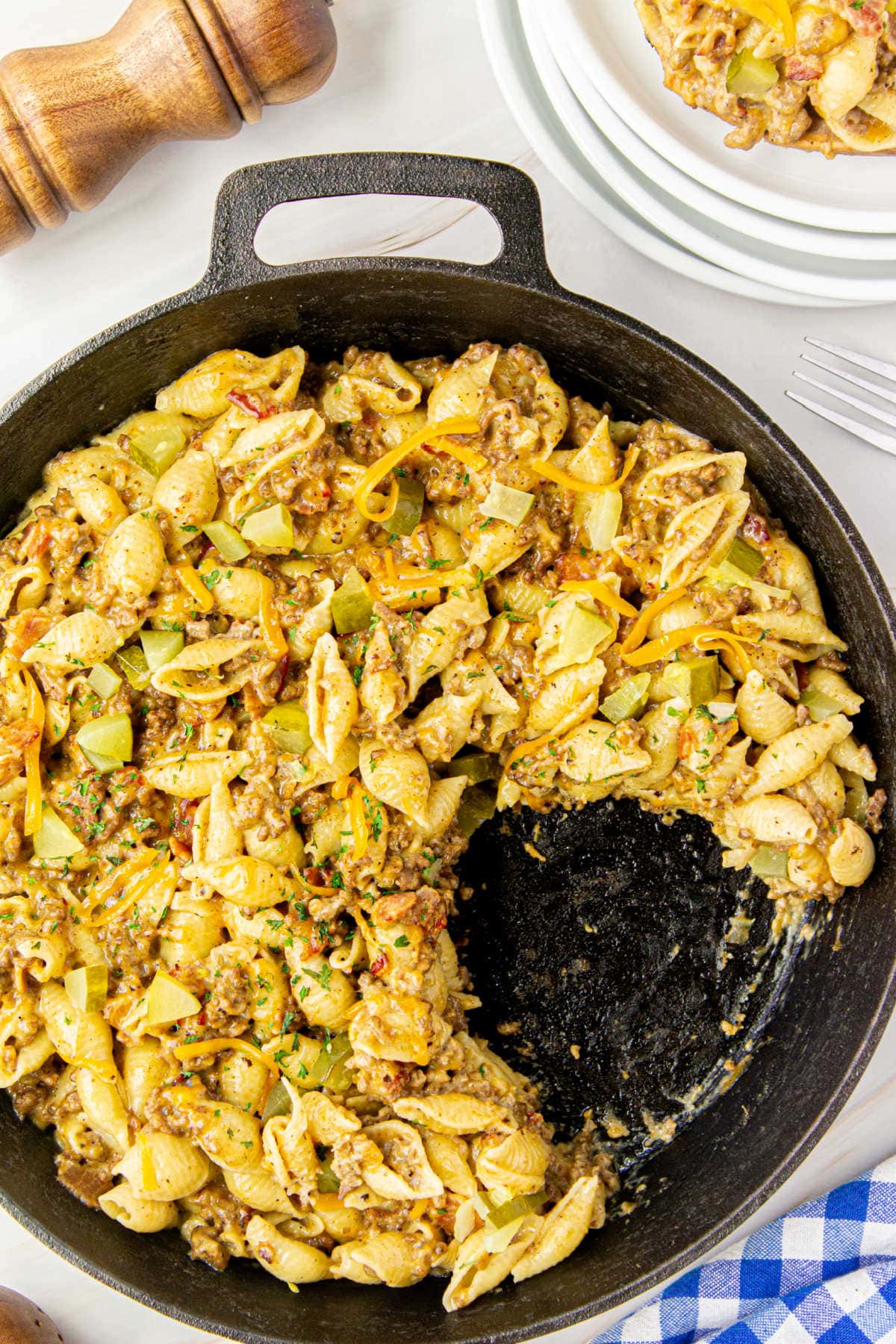 Overhead view of hamburger helper in a skillet.