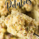 Overhead view of a spoonful of mashed potatoes with text overlay for Pinterest.