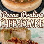 A collage of 2 images of the cheesecake with text overlay for Pinterest.
