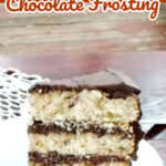 A slice of vanilla layer cake with chocolate frosting and a text overlay for Pinterest.