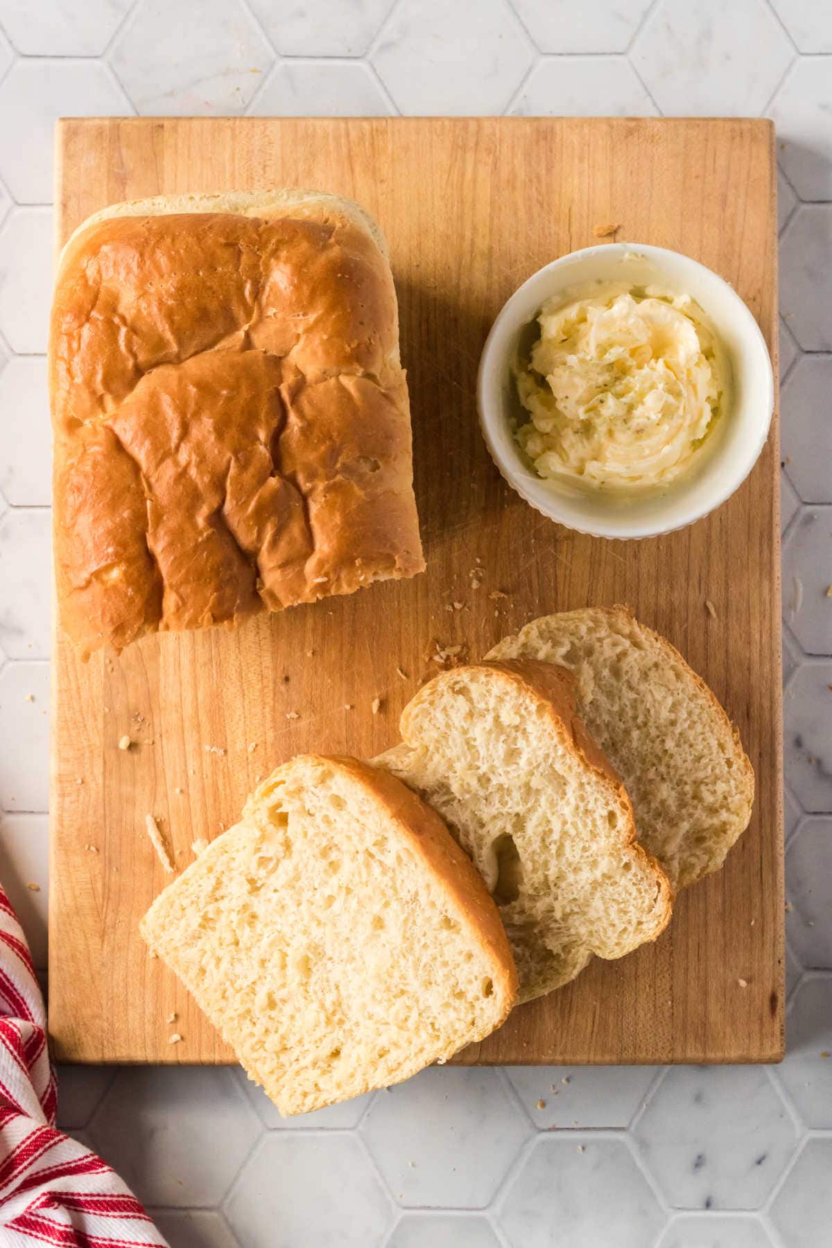 Overhead shot of Batter Bread with butter