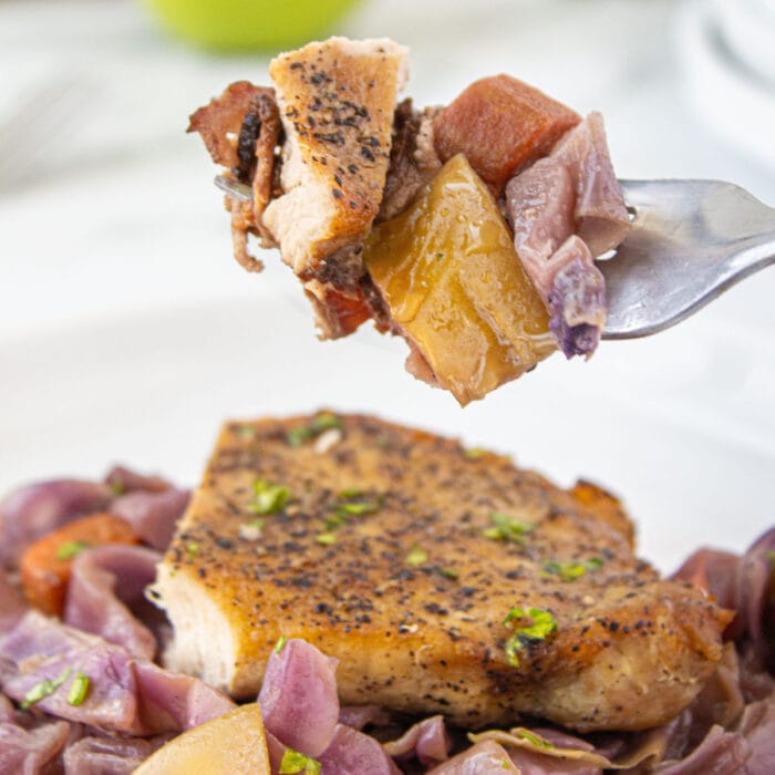 Bite of braised pork and red cabbage on a fork.