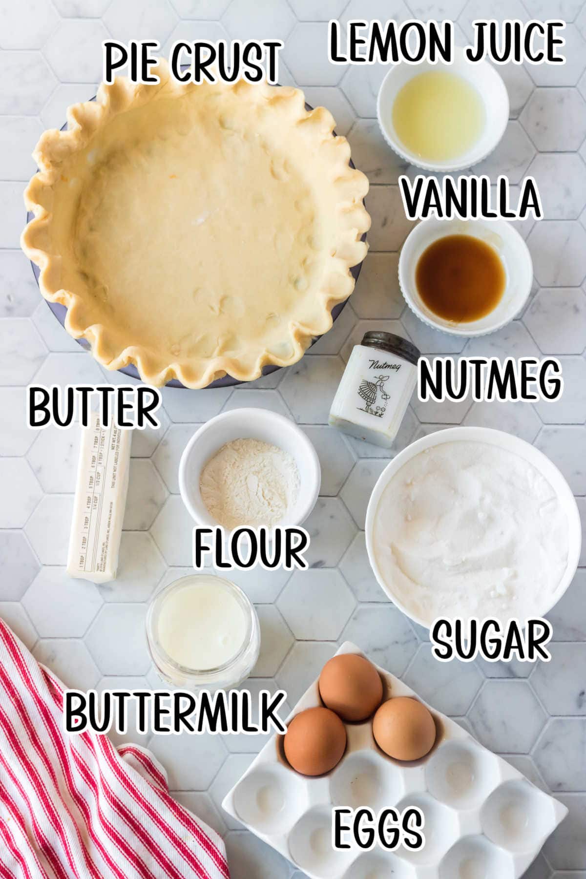 Southern buttermilk pie labeled ingredients list.