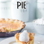 Slice of buttermilk pie with text overlay for Pinterest.
