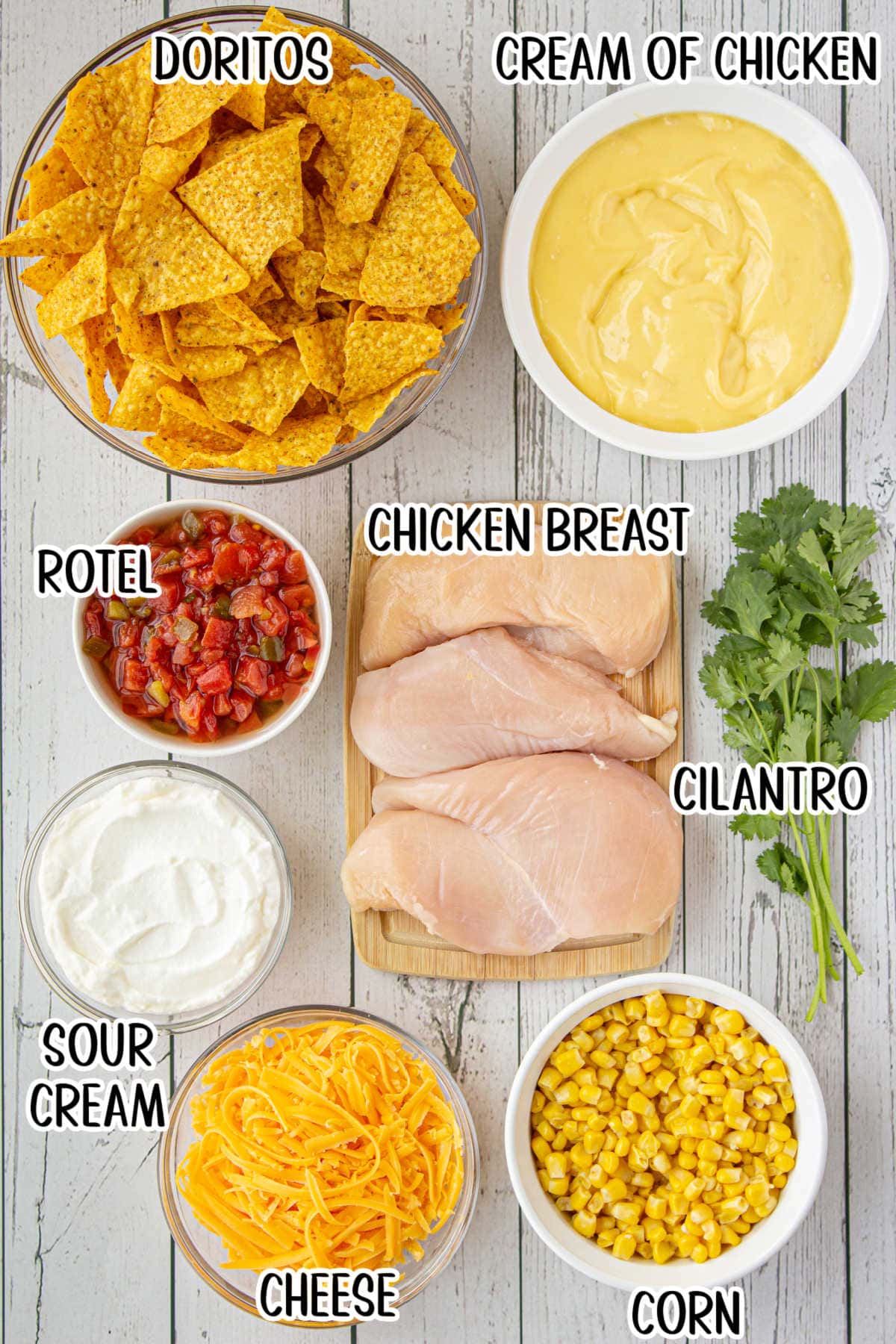 Dorito chicken casserole labeled ingredients.