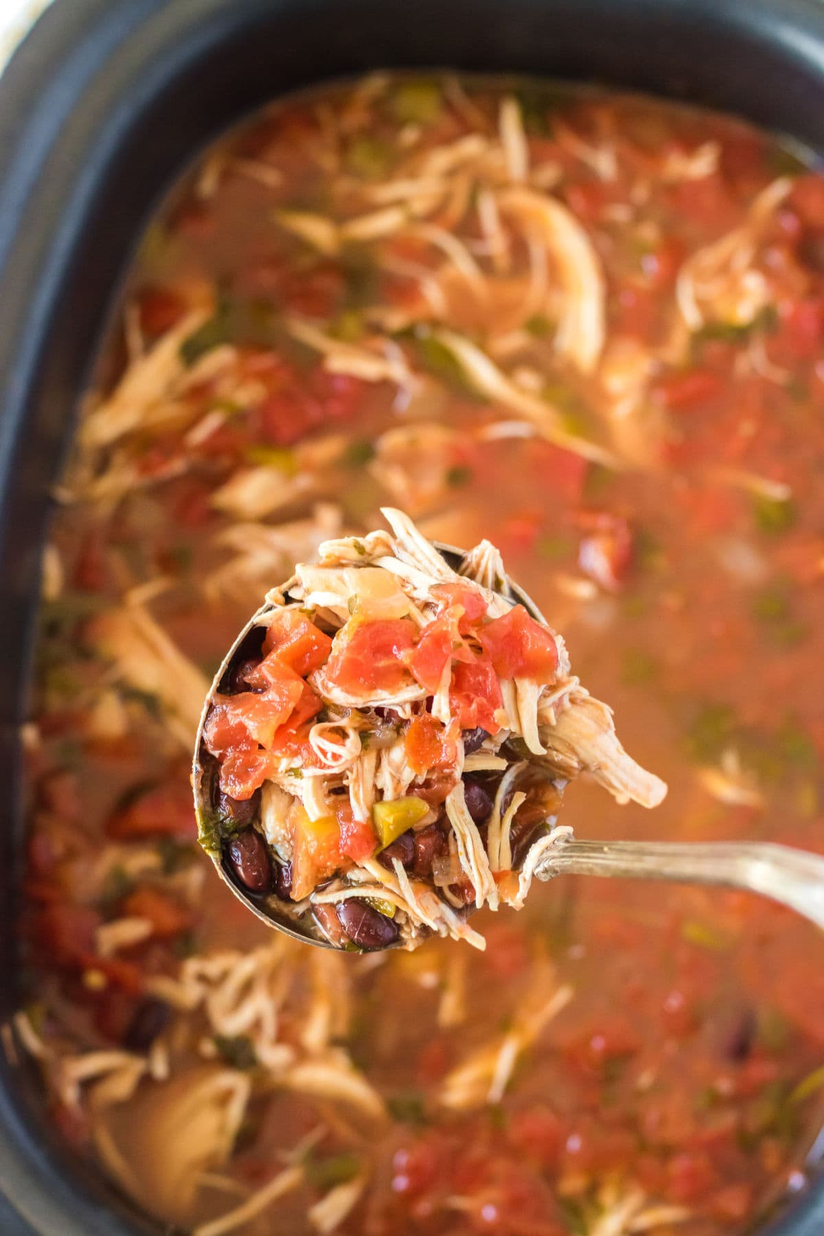 A ladle full of Chicken Tortilla Soup over a crockpot.