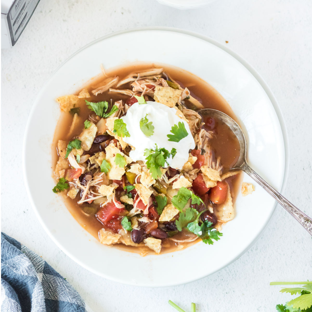 A bowl of Chicken Tortilla Soup in a white bowl with a spoon.