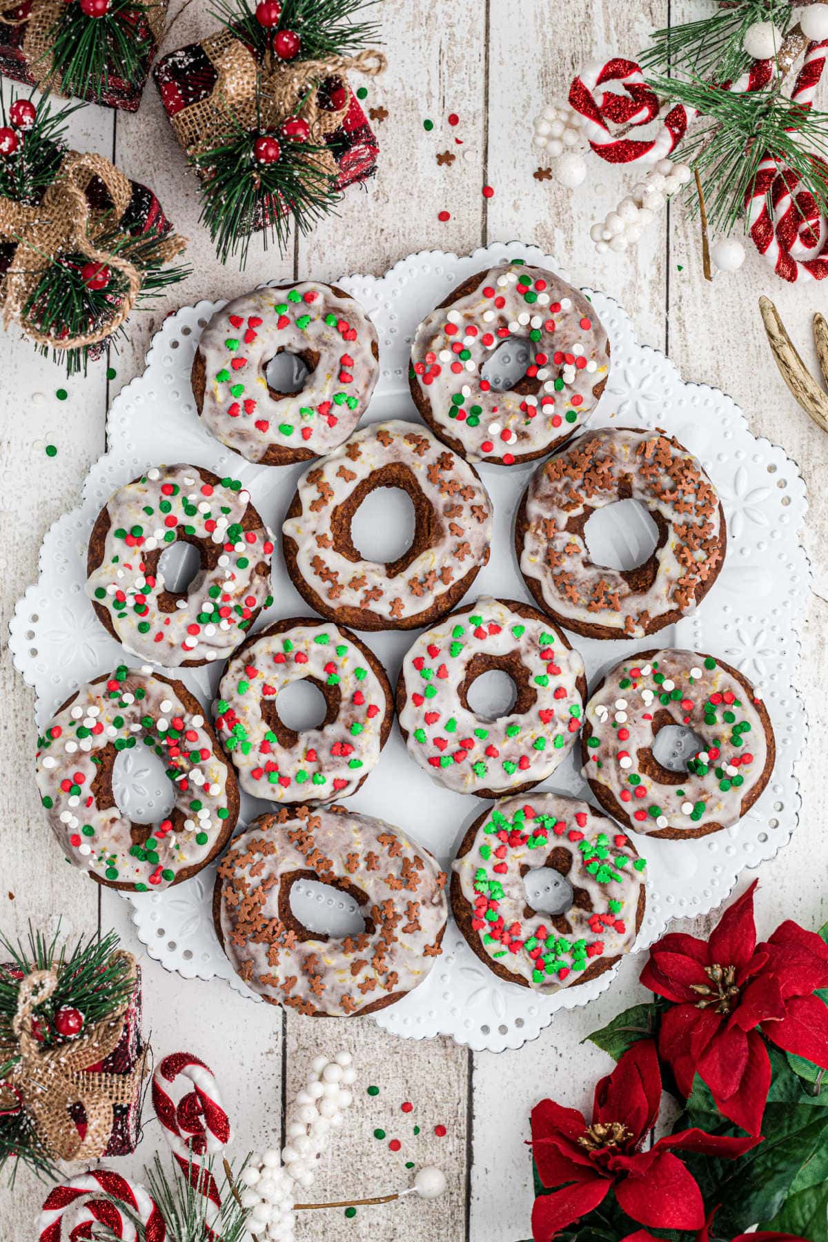 Gingerbread Donuts on white plater.