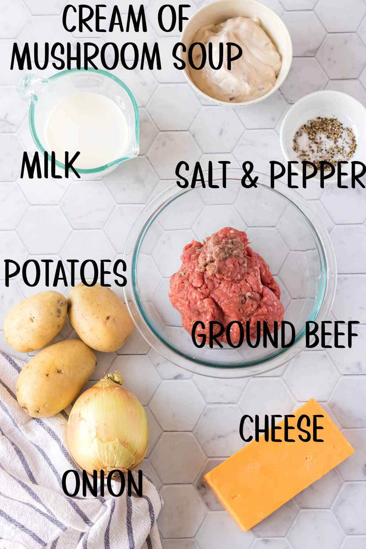 Labeled ingredients list for hamburger potato casserole.