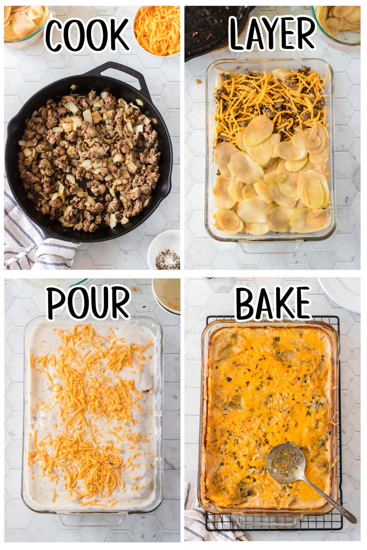 Step by step instructions for hamburger potato casserole.