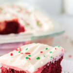 Red velvet poke cake with text overlay for Pinterest.