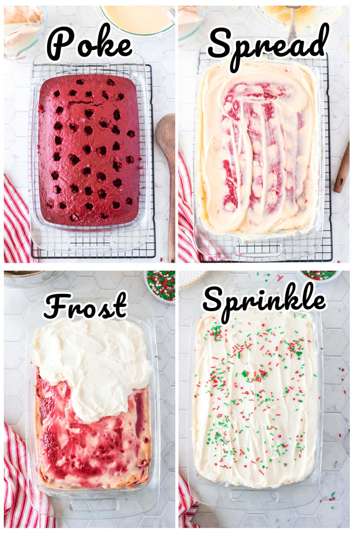 Step by step instructions for the red velvet poke cake.