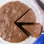 Overhead view of cake being sliced for feature image.