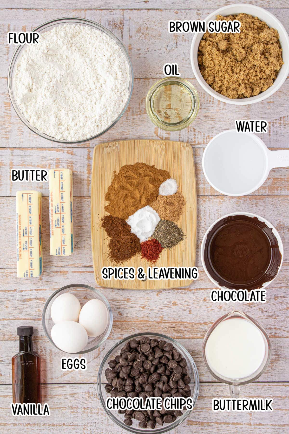 Labeled ingredients for chocolate spice cake.