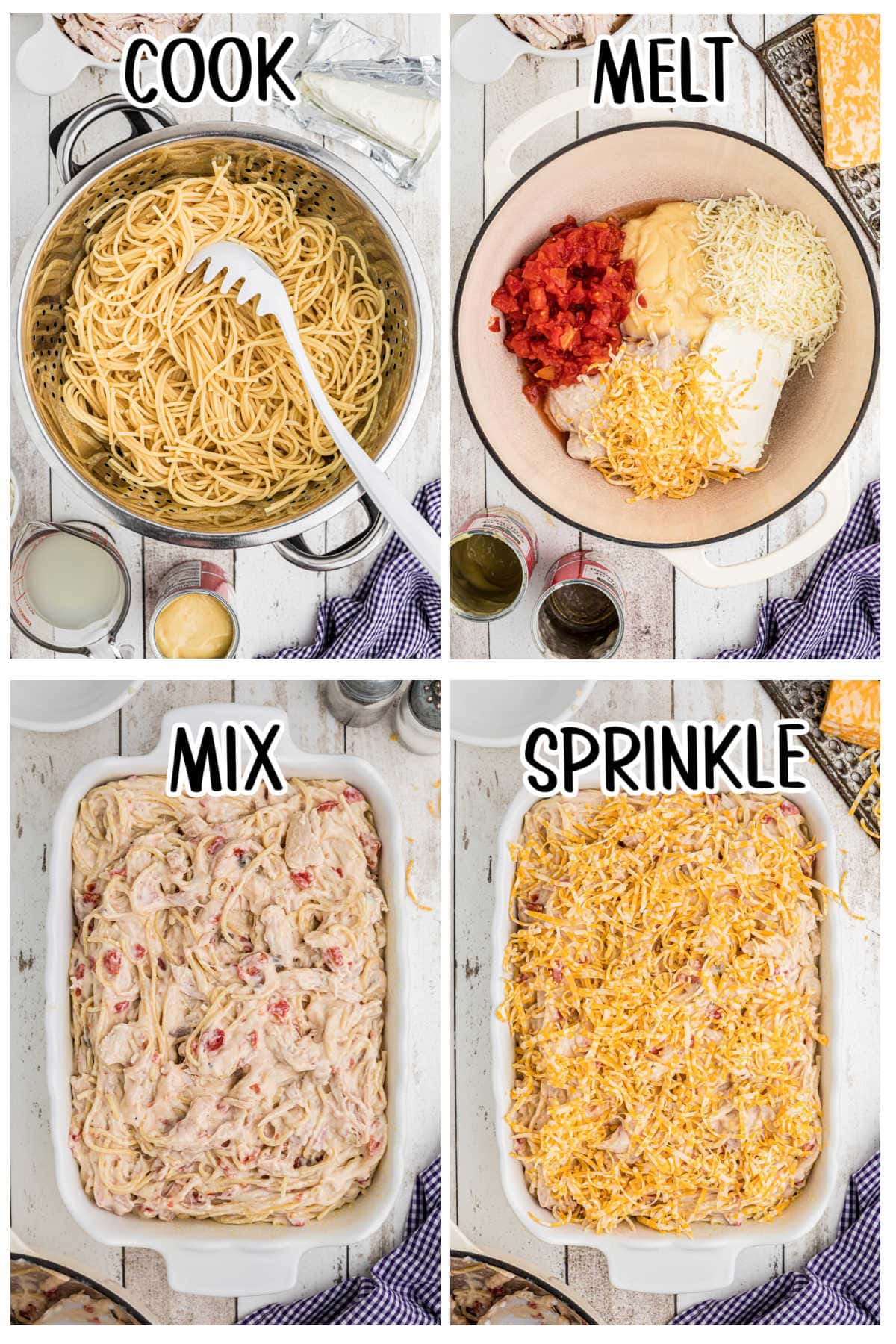 Step by step images showing how to make chicken spaghetti.