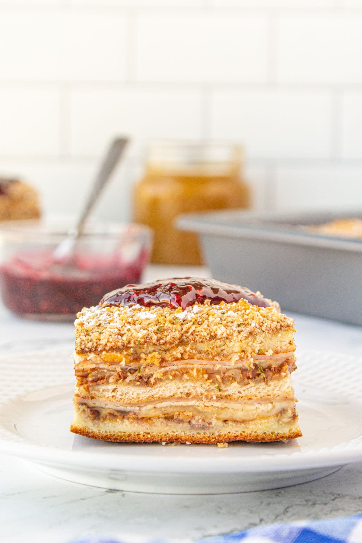 Monte cristo casserole on a plate waiting to be served.