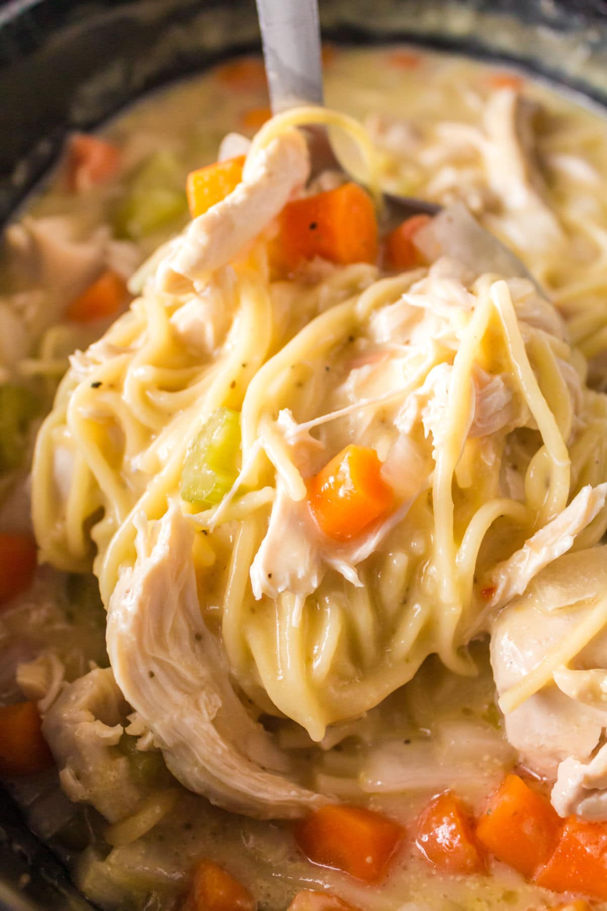 A ladle full of soup being served from the slow cooker.