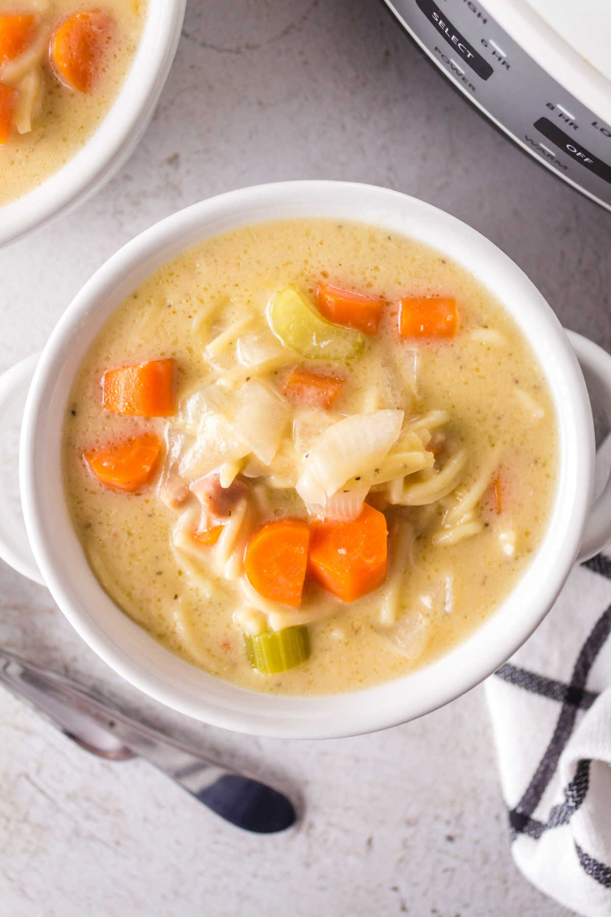 Overhead view of a bowl of the soup.