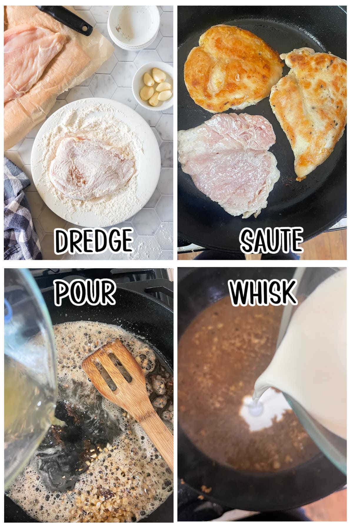 Step by step images showing how to make creamy lemon chicken.