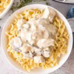 Overhead view of the stroganoff on noodles for the feature image.