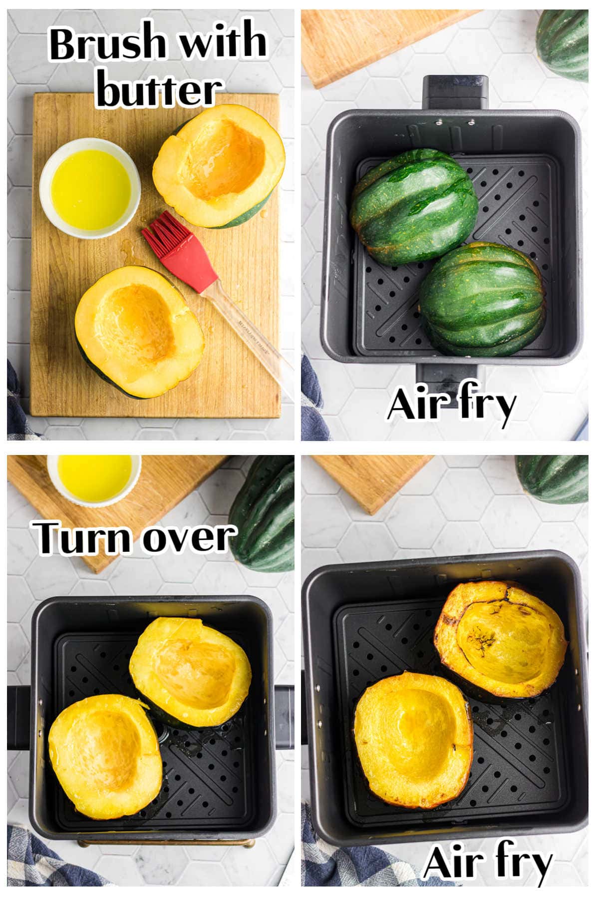 Step by step images showing how to cook the squash in an air fryer.