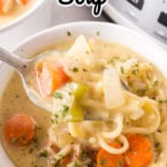 A spoonful of chicken noodle soup with a text overlay for Pinterest.