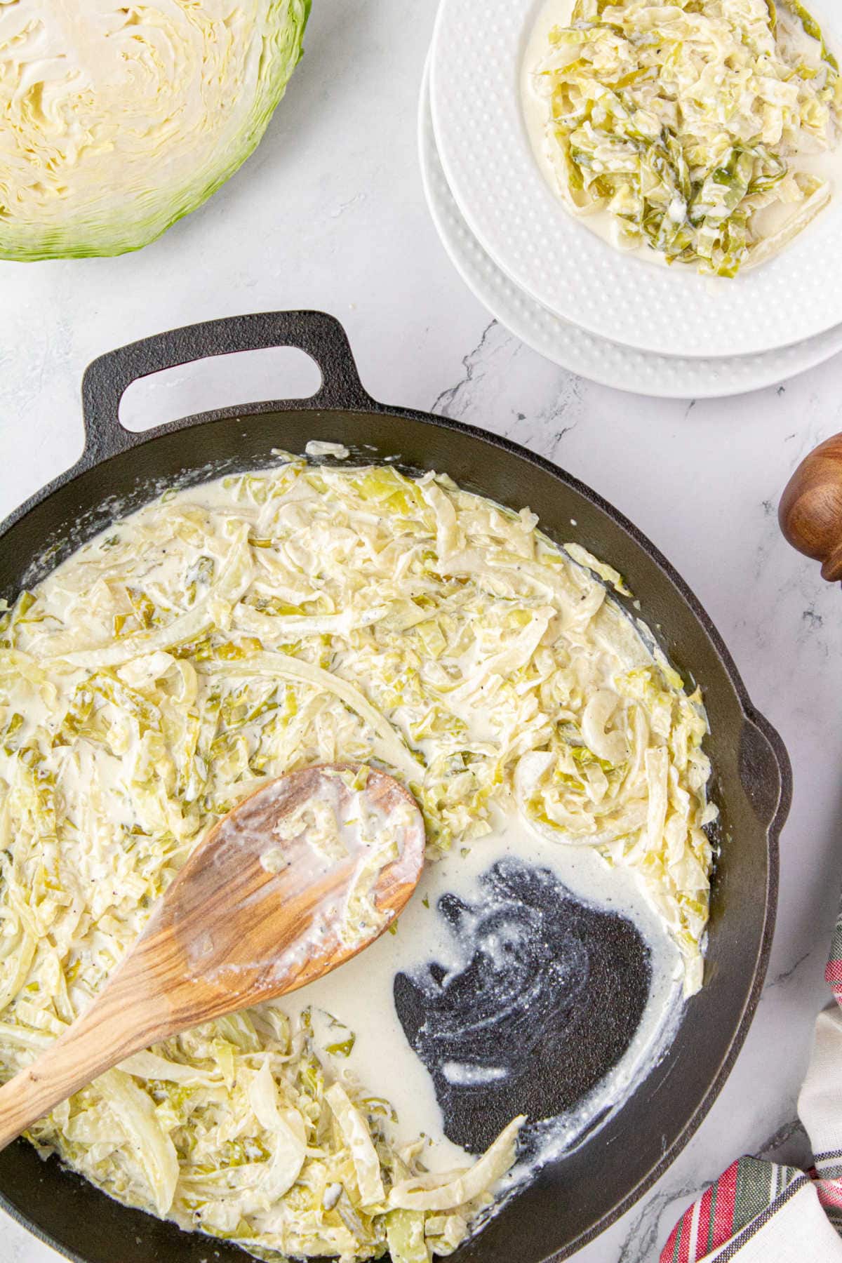 Overhead view of the cabbage showing the creaminess of the sauce.