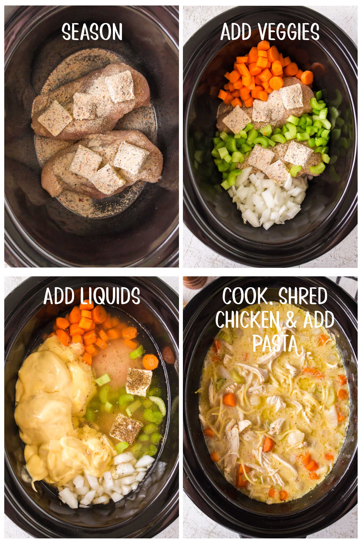 Step by step images showing how to make chicken soup in the slow cooker.