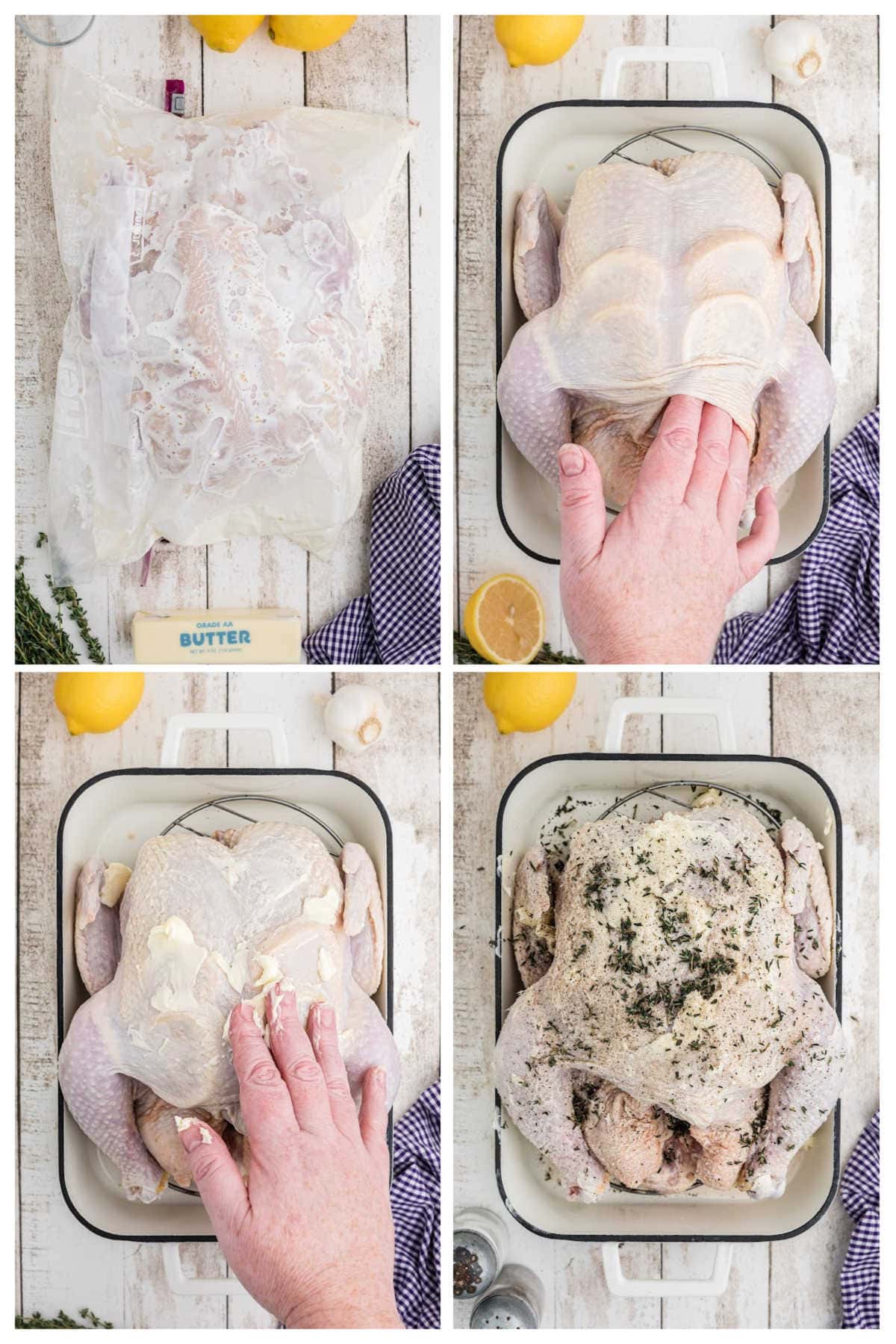 Step by step images are showing how to make buttermilk brined roast chicken.