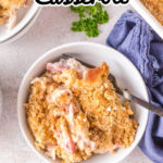 Chicken cordon bleu casserole in a bowl with a fork for serving.