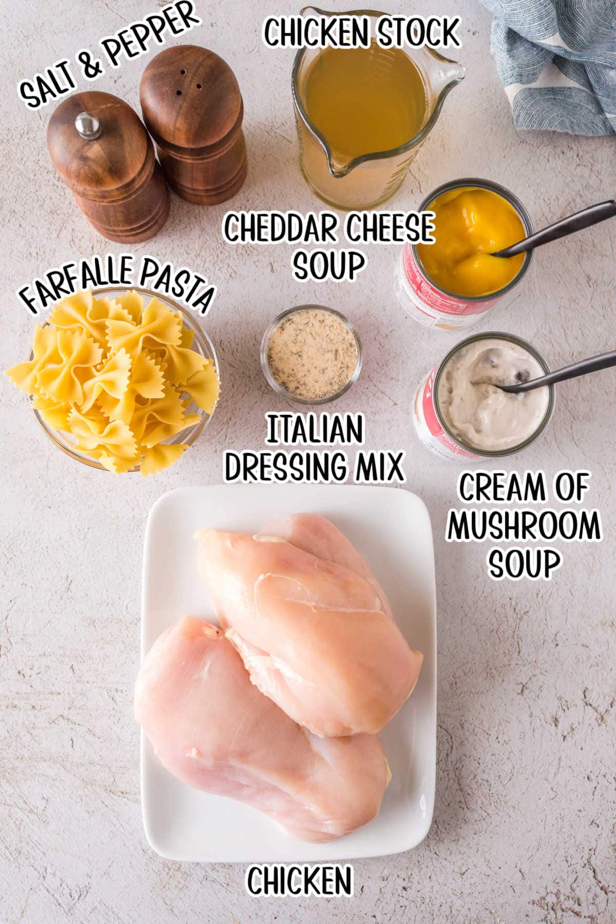 Labeled ingredients for this chicken recipe.