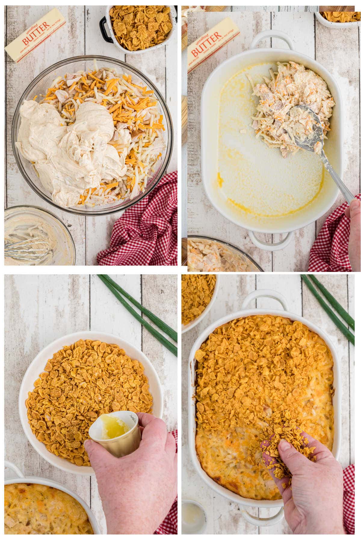 Step by step images showing how to make hashbrown chicken casserole.