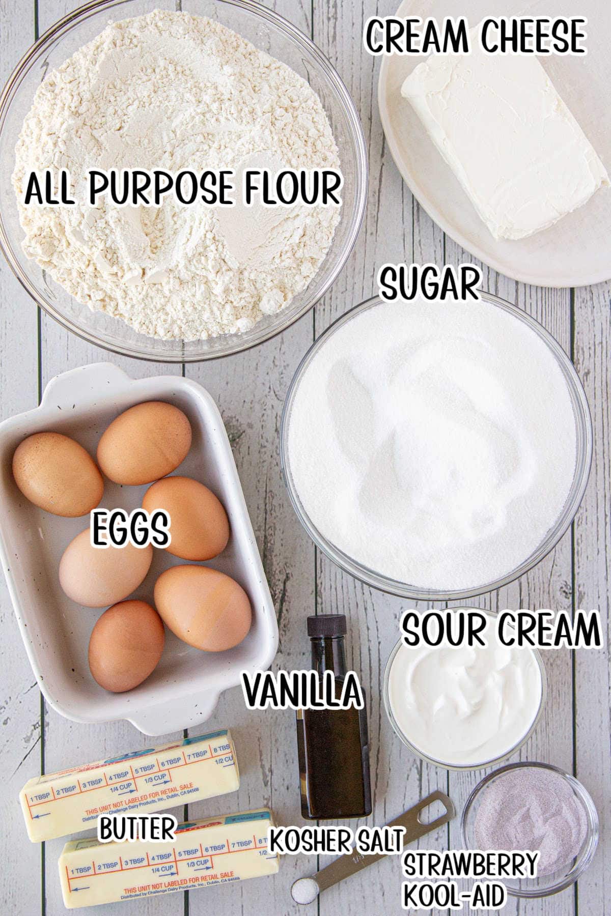 Ingredients needed for making Strawberry Bundt Cake.