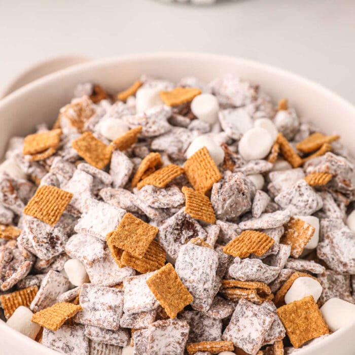 A closeup of s'mores puppy chow mixture.