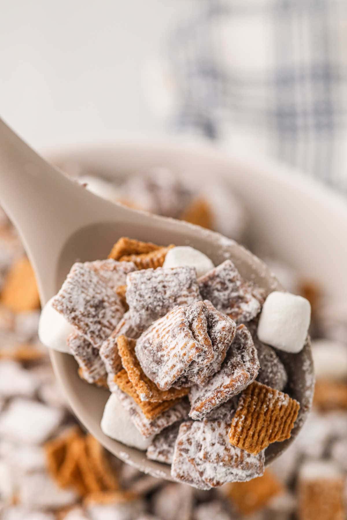 Snack mix on a spoon.