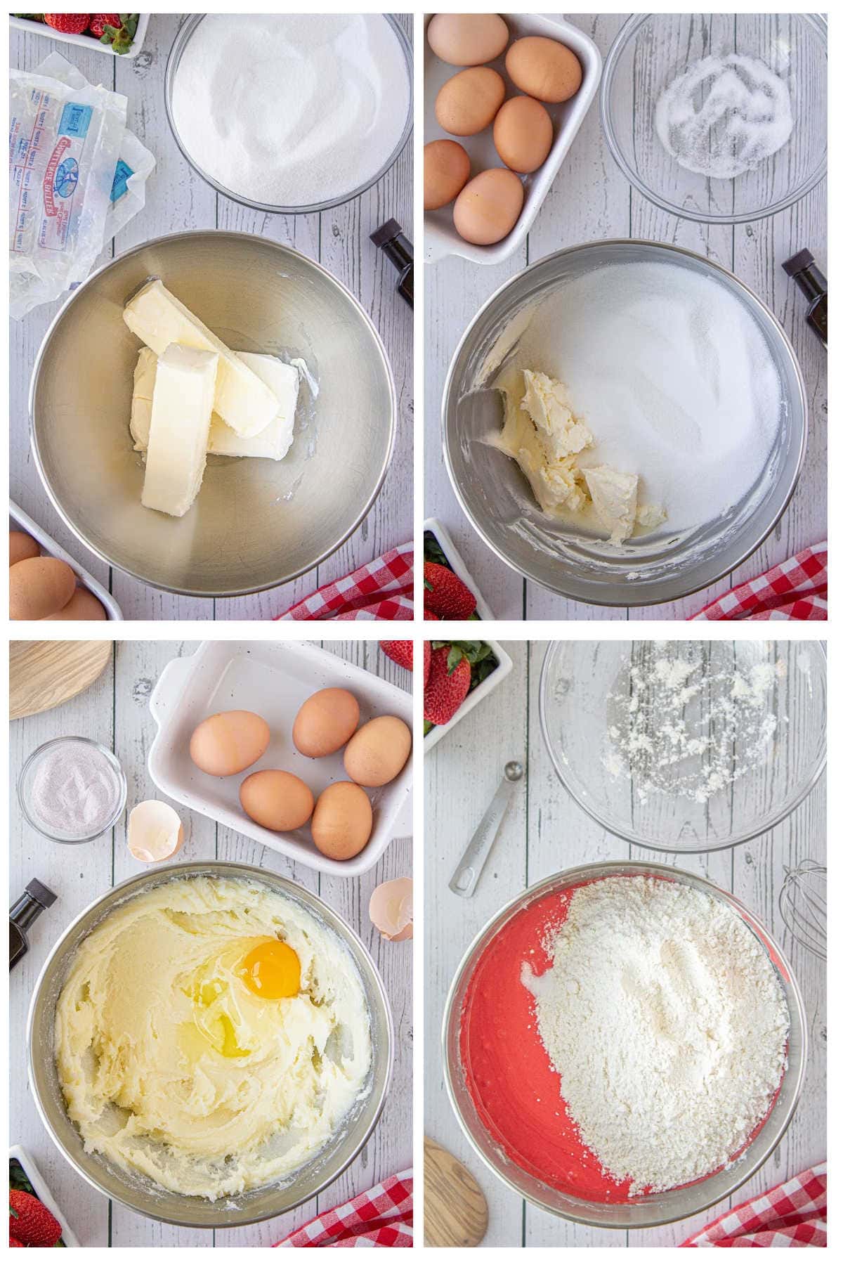 Four images are showing step by step instructions on how to make a strawberry bundt cake.
