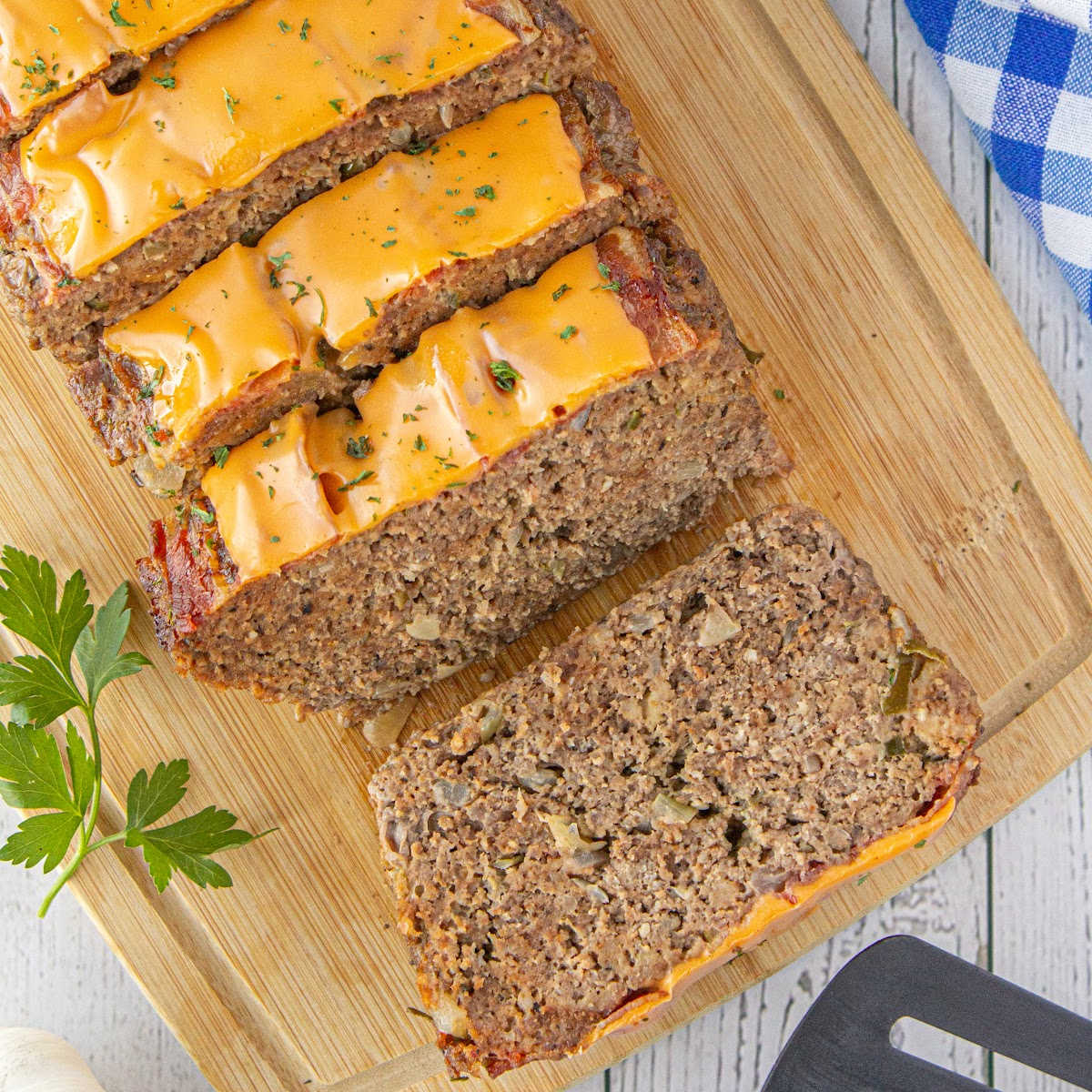 Overhead view of sliced meatloaf for the feature image.