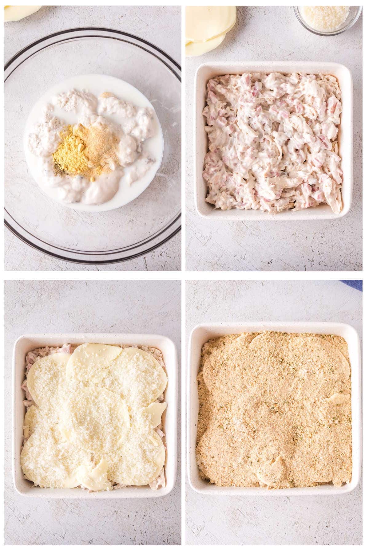 Step by step images showing how to make chicken cordon bleu casserole.