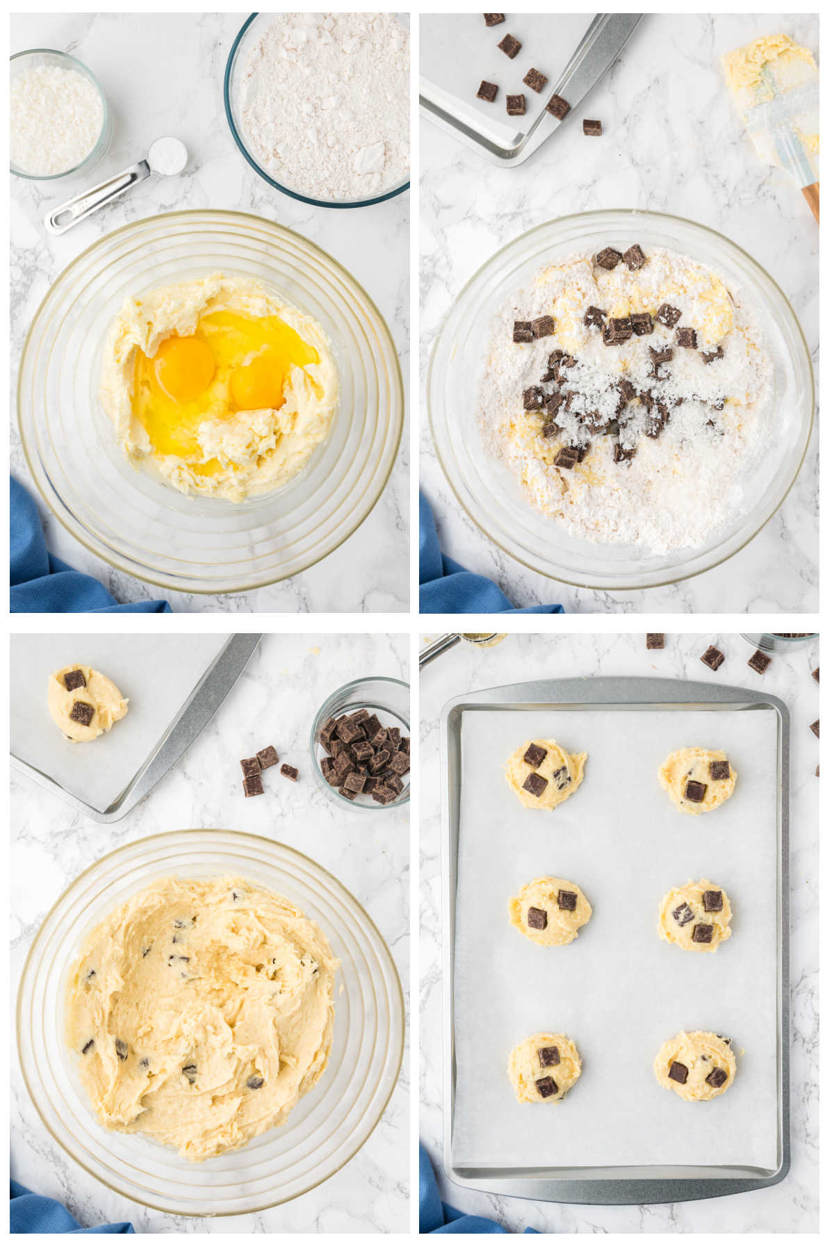 Step by step images showing how to make coconut chocolate chip cookies.