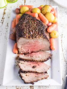 Overhead view of a beef roast on a platter.