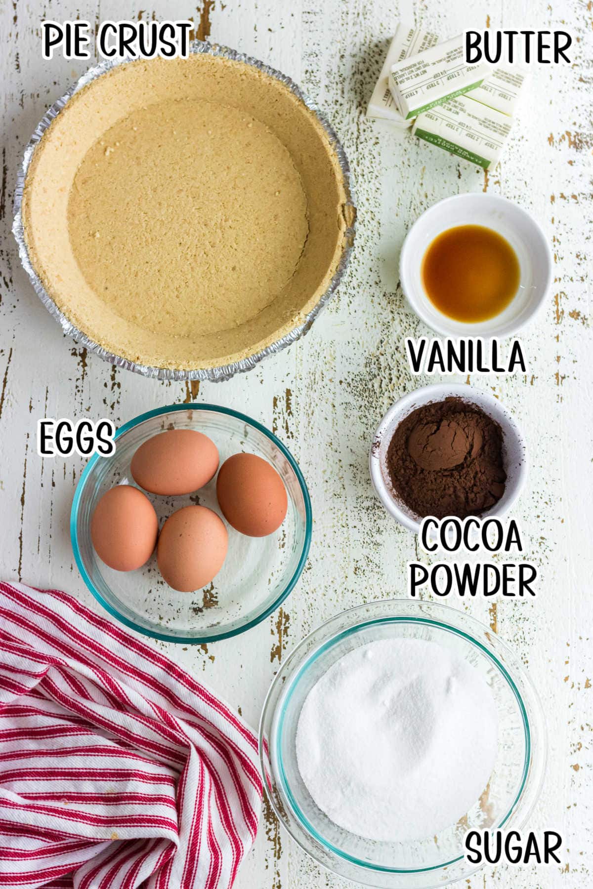 Labeled ingredients for French Silk Pie.