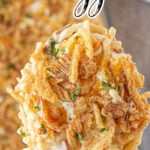 A serving spoon of ham tetrazzini with text overlay for Pinterest.