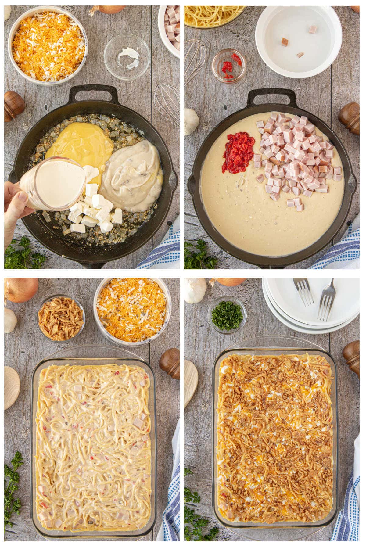 Collage of images showing how to make ham tetrazzini.