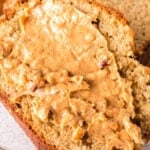 Peanut butter banana bread with text overlay for Pinterest.