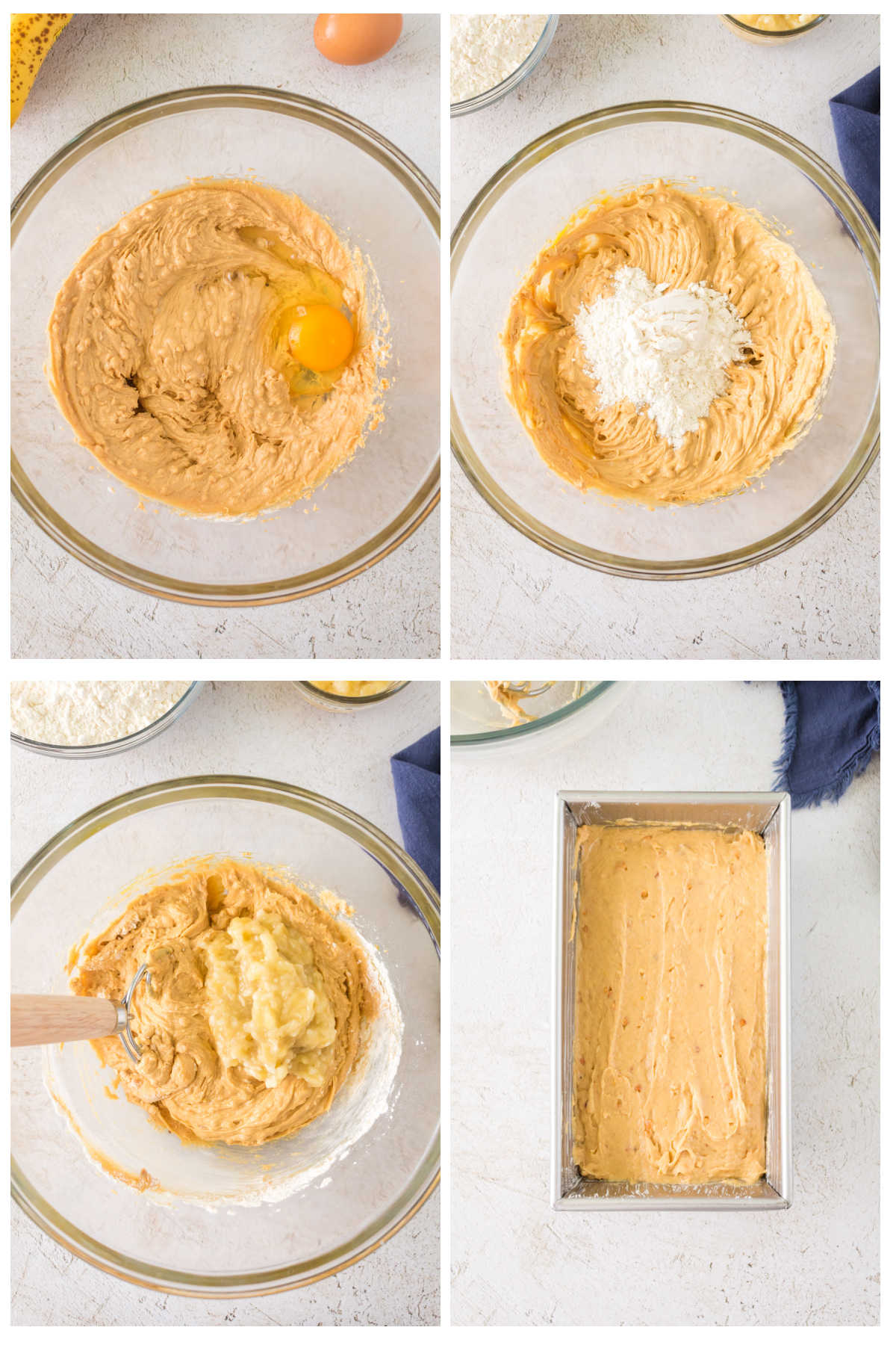 Step by step images showing how to make peanut butter banana bread.