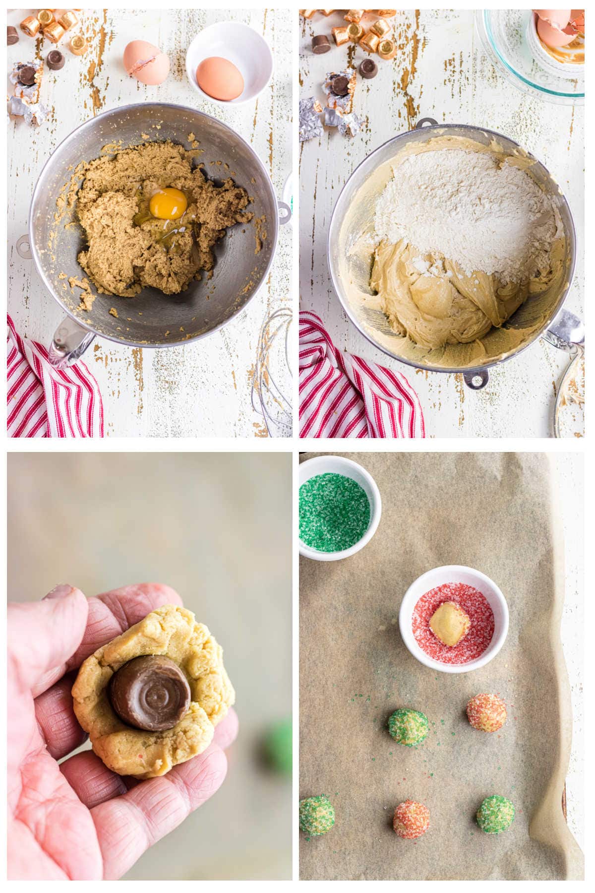 Step by step images showing how to make Rolo cookies.
